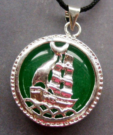 Green Jade Inlay Alloy Metal Sailboat Pendant Neck: The Royal Cameo Carving Jade Charm was carved from a piece of fine grained Jade gemstone more than 200 years ago. The design is unique and very lovely and the carving is delicately performed. Size: 25