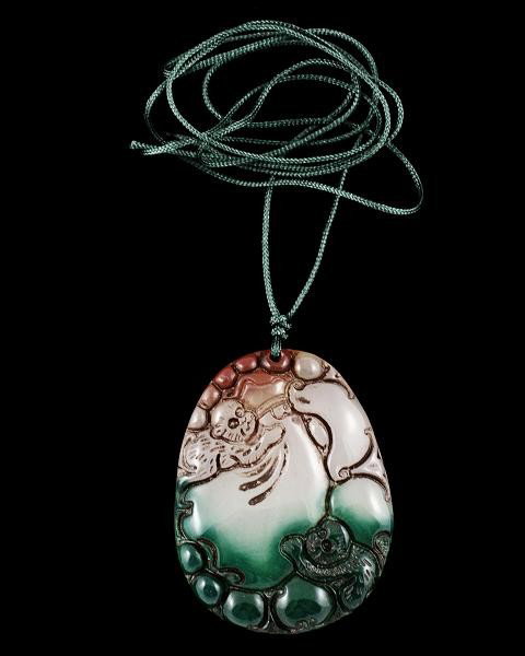 Multicolor Jade Monkey Peach Amulet Pendant: The Royal Cameo Carving Jade Charm was carved from a piece of fine grained Jade gemstone more than 200 years ago. The design is unique and very lovely and the carving is delicately performed. Size: 27