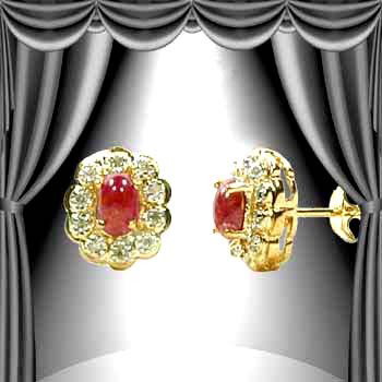 Genuine 1 CT Cabochon Ruby Diamond Earrings: Master jewelers designed your earrings with 2 pieces of GENUINE 6X4mm oval GENUINE Burmese cabochon ruby. 20 pieces of GENUINE single cut diamonds .14 carat tw. 3.1 grams of sterling silver layered wi
