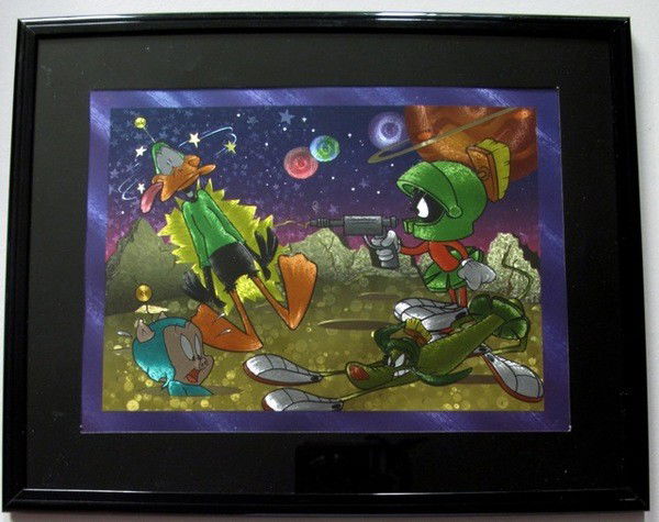 MARVIN THE MARTIAN PORKY PIG DAFFY Framed Foil Art: This is a Warner Bros Looney Tunes Framed Foil Art. This fantastic animation features Marvin the Martian, Commander K-9 (the space dog), Daffy Duck and Porky Pig as they appeared in the 1970's cartoon