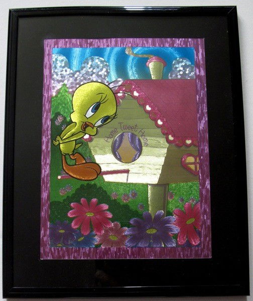 TWEETY BIRD HOME SWEET HOME Framed Foil Art: This is a Warner Bros Looney Tunes Framed Foil Art of TWEETY BIRD. This fantastic animation features Tweety as he appeared in the 1970's cartoons. This beautifully framed and matted art piece measures