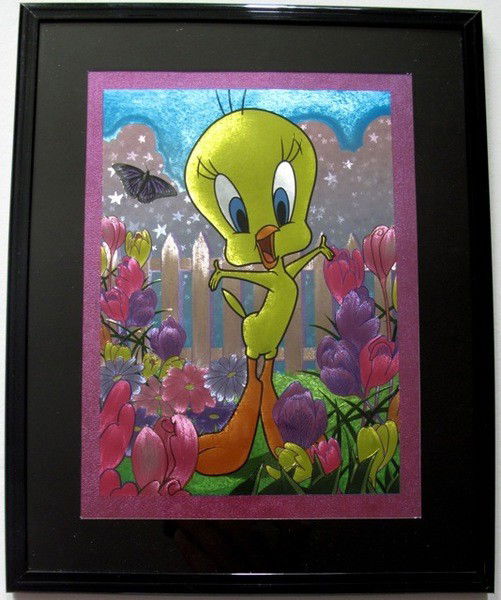 TWEETY BIRD IN THE GARDEN Framed Foil Art: This is a Warner Bros Looney Tunes Framed Foil Art of TWEETY BIRD. This fantastic animation features Tweety as he appeared in the 1970's cartoons. This beautifully framed and matted art piece measures