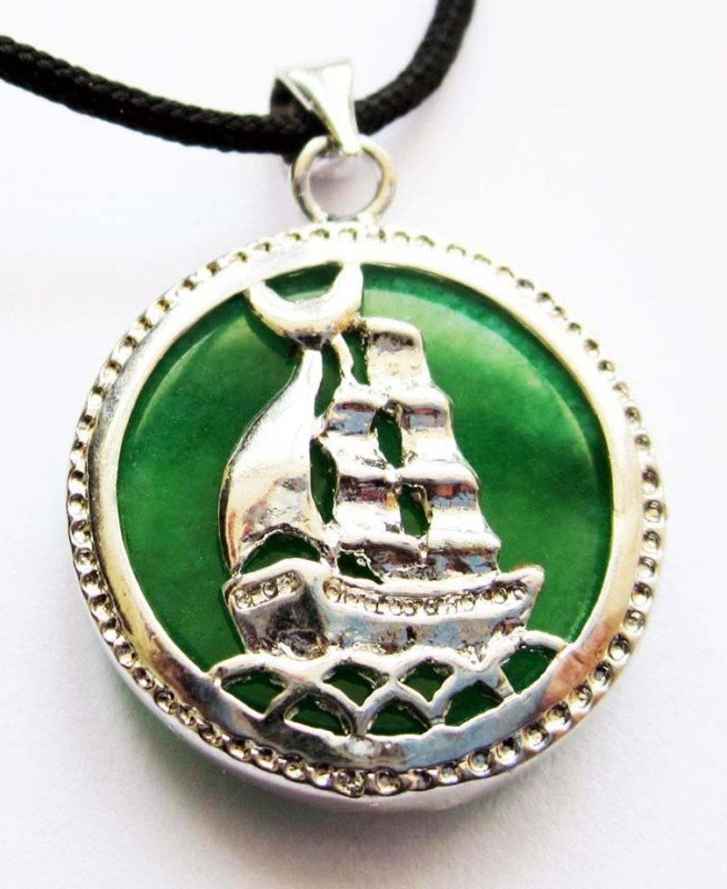 Green Jade Alloy Metal Sailboat Pendant Necklace: The Royal Cameo Carving Jade Charm was carved from a piece of fine grained Jade gemstone more than 200 years ago. The design is unique and very lovely and the carving is delicately performed. Size: 15