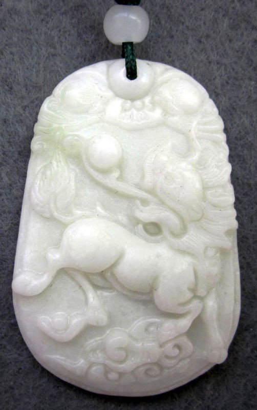 White Green Jade Kylin Dragon Spit Pearl Bats Pend: The Royal Cameo Carving Jade Charm was carved from a piece of fine grained Jade gemstone more than 200 years ago. The design is unique and very lovely and the carving is delicately performed. Size: 37