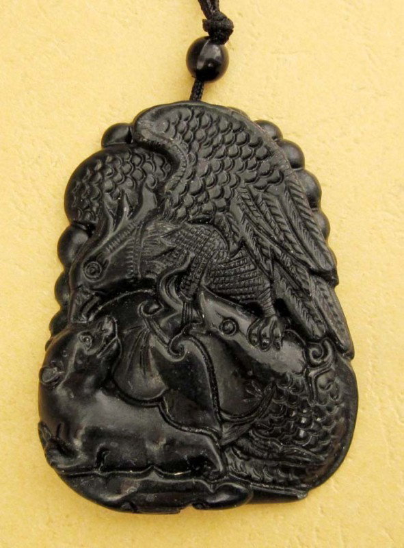 Black Green Jade Hawk Eagle Bear Fish Ruyi Pendant: The Royal Cameo Carving Jade Charm was carved from a piece of fine grained Jade gemstone more than 200 years ago. The design is unique and very lovely and the carving is delicately performed. Size: 25