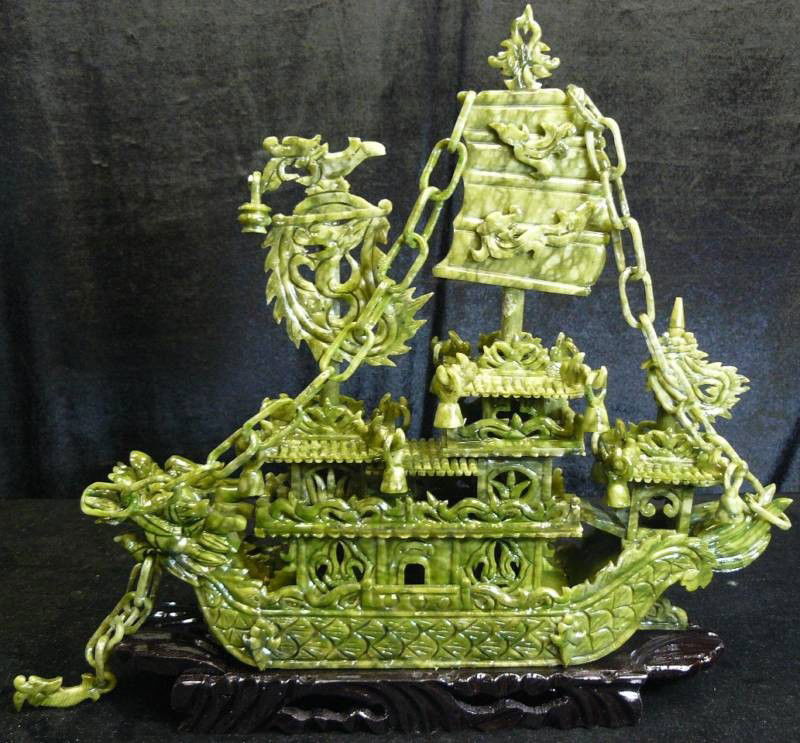 24" GREEN JADE DRAGON BOAT: THIS JADE DRAGON BOAT IS MADE OF TAIWAN JADE IN CHINA. WE ADOPTED THE BEST QUALITY OF JADE TO CARVE THIS BOAT. THE SAILS, CONSTRUCTIONS, CHAINS WERE MADE OF ONE WHOLE PIECE OF JADE, AND YOU WILL ADMIR
