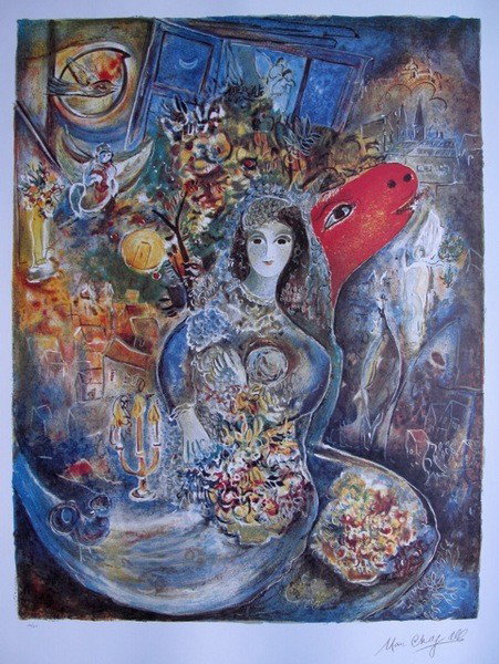 Marc Chagall BELLA Limited Ed. Lithograph: This is a Marc Chagall first edition lithograph titled "Bella". This is facsimile signed and pencil numbered from a limited edition of 500. Image measures 27 1/2" x 21" on 34" x 23" paper.