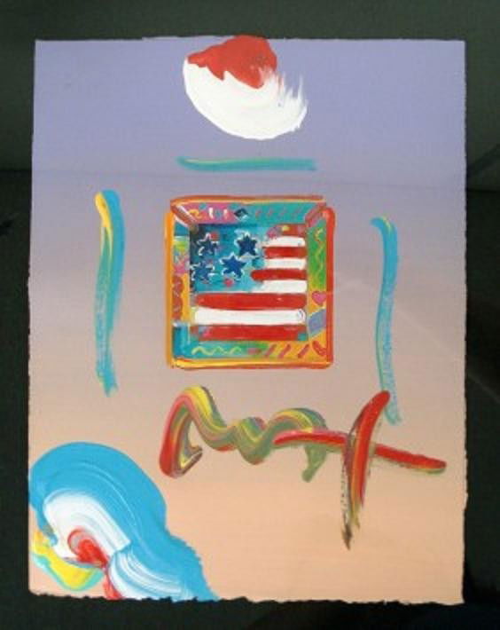 "Flag With Heart" by Peter Max: Dimensions: 11" x 8.5" Medium: Mixed Media, Collage with Acrylic Paint (Signed by Peter in acrylic) Edition: Unique