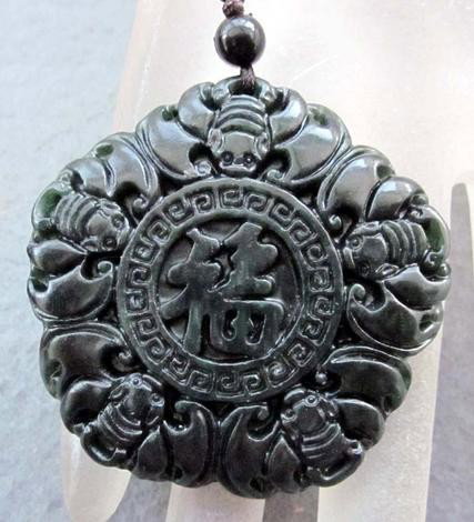 Royal Black Jade Five Bats Blessing FU Amulet Pend: Jade (Yu), not only a precious stone to make beautiful jewelry, Asian people believe that wearing jade is the good means of which people will be protected from bad luck, evil spirit and danger. Jade o