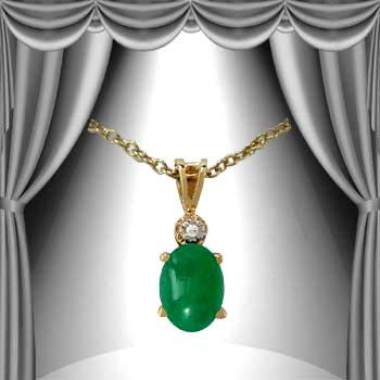 Genuine 1 1/2 CT Cabochon Emerald Diamond Pendant: Master jewelers designed your pendant with 1 piece of GENUINE 8X6mm oval GENUINE cabochon emerald. 1 piece of GENUINE single cut diamond .01 carat tw. 0.7 gram of brass layered with 18K Gold. The leng