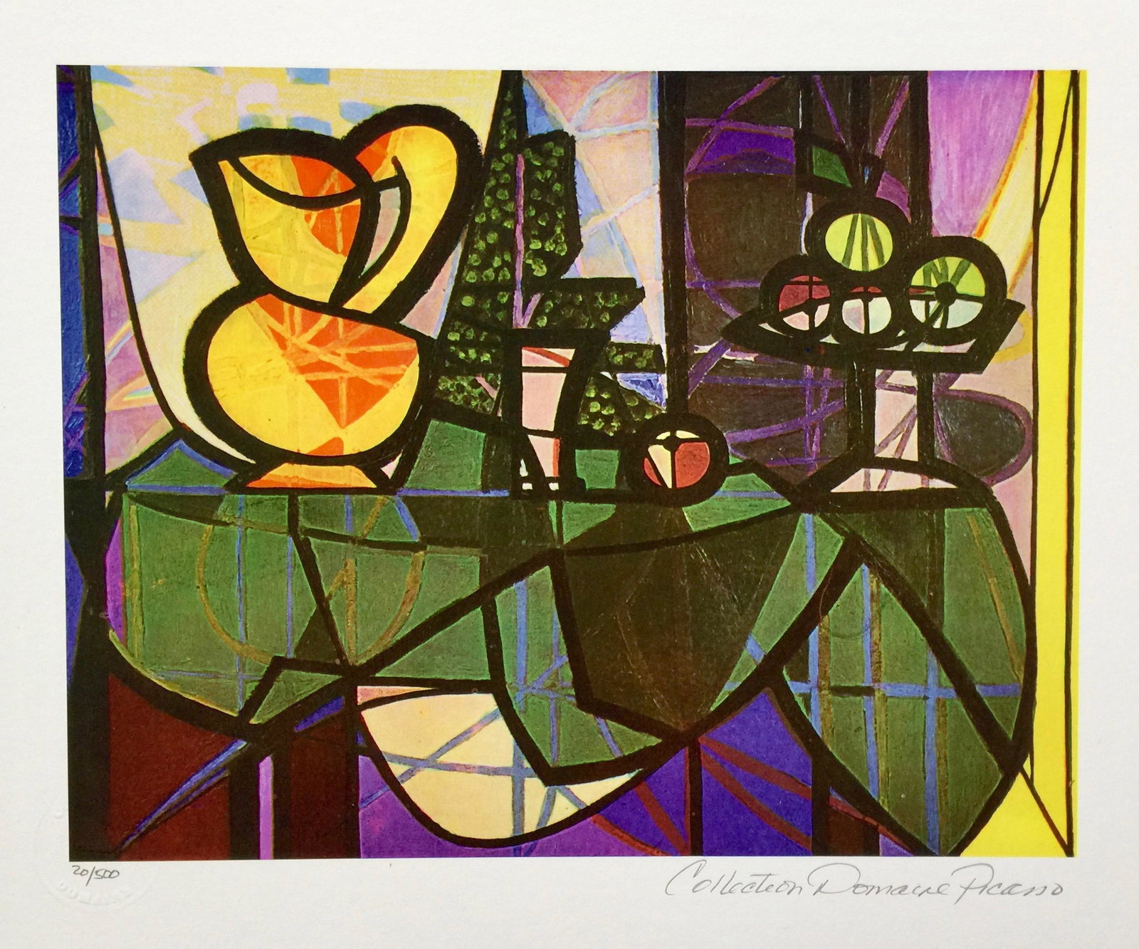 Pablo Picasso PITCHER AND BOWL OF FRUIT Estate Signed Limited Edition Small Giclee: This is a PABLO PICASSO (ESTATE COLLECTION DOMAINE) (1881-1973) small giclee titled “PITCHER AND BOWL OF FRUIT”.This piece is pencil signed on the lower right as ‘Collection Domaine Picasso’ a