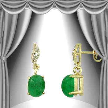 1.6 CT Cabochon Emerald Diamond Dangle Earrings: Master jewelers designed your earrings with 1 piece of GENUINE 8X6mm oval GENUINE cabochon emerald. 1 piece of GENUINE single cut diamond .01 carat tw. 0.7 gram of brass layered with 18K Gold.