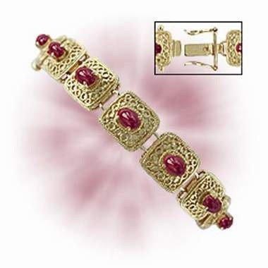 Genuine 7 CT Cabochon Ruby 18K Bracelet: Master jewelers handcrafted this museum bracelet with 14 pieces of 6mm x 4mm oval genuine cabochon rubies. The stones are set in 21 grams of sterling silver layered with 18K gold and antiqued. The len