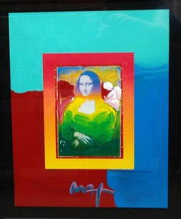 "Mona Lisa on Blends" by Peter Max: Dimensions: 18.75" x 14.5" Medium: Mixed Media, Collage with Acrylic Paint (Signed by Peter in acrylic) Edition: Unique