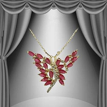 3 CT Cabochon Ruby Diamond Butterfly Pendant: Master jewelers designed your pendant with 20 pieces of GENUINE 5X2.5mm faceted Cabochon rubies. 11 pieces of GENUINE single cut diamonds. .08 carat tw. 4.3 grams of sterling silver layered with 18K G