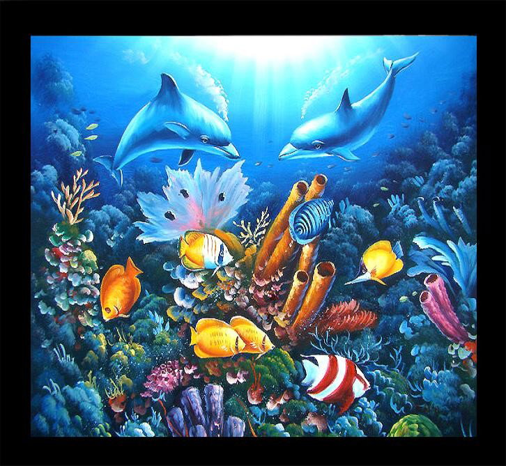 Meditative Oil Painting, Underwater Playground: This hand painted piece has beautiful movement and visual appeal. With loads of texture and color, the cyan colors of the water blend into the canvas. As the tranquil scene of dolphins at play, notice