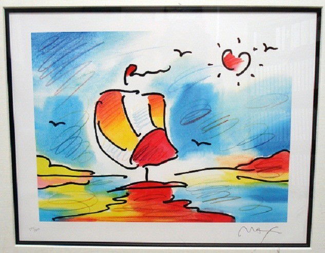 "Sailboat with Heart" by Peter Max: Dimensions: 21" x 27" Medium: Litho on Paper (Signed by Peter in pencil) Edition: S/N 300