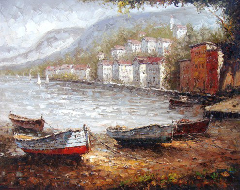 Impressionist Art "Fishing Boats" Handmade Oil on C: As the tranquil scene of fishing boats in the beached in the sand sit next to plush seaside retreats, notice the movement and peace felt just through viewing this piece. Add a spot of calm and comfort