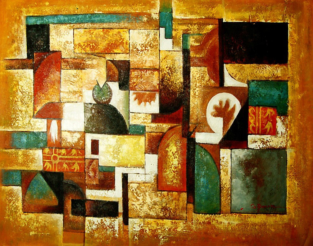 "A Study in Texture" Large Size Handmade Oil Paint: The strong abstract lines with a cubist influence will create a colorful and vivid space on any wall. The fusion of colors and textures in this oil painting add interest and style. Through smooth stro