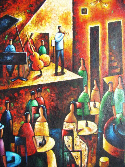 "Soul Music" Large Size Handmade Oil Painting: The strong abstract lines with a cubist influence will create a colorful and vivid space on any wall. The fusion of colors and textures in this oil painting add interest and style. Through smooth stro