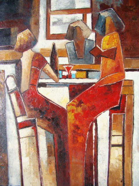 Exquisite Hand-Painted Canvas "Female Bonding": A Beautiful example of figure study in art. With modern lines deeply influenced by abstract and cubists, the figures creates mystery and invokes thought. The fusion of colors and bold textures capturi