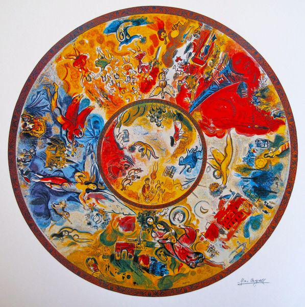 Marc Chagall PARIS OPERA CEILING Ltd Ed. Lithograph: This is a Marc Chagall lithograph titled "Paris Opera Ceiling". This is facsimile signed and pencil numbered from a limited edition of 500. Image measures 23" diameter" on 26" x 26" paper. Printed on
