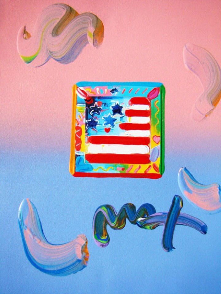 "Flag with Heart" by Peter Max Hand Signed: "Flag with Heart" is a one-of-a-kind acrylic mixed media on paper, hand signed by Max,Dimensions:8.5" x 11.5". Includes Certificate of Authenticity!