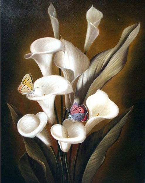 "Calla Lillies" Hand Painted Meditative Oil Paintin: The muted yet vibrant colors of the blossoming flowers bring depth and life to the flower collection, creating a still life captured beautifully in a realistic style. The neutral table and gradient ba