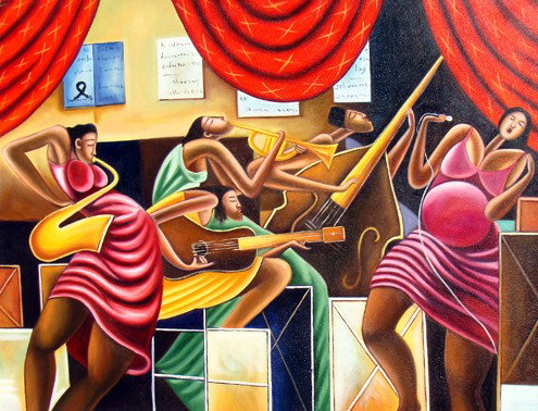 "Jazz Festival" Large Size Handmade Oil Painting: The strong abstract lines with a cubist influence will create a colorful and vivid space on any wall. The fusion of colors and textures in this oil painting add interest and style. Through smooth stro