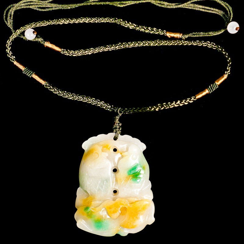 250 CT Multi-Color Jade Twin Koi Fish Pendant: The Royal Cameo Carving Jade Charm was carved from a piece of fine grained Jade gemstone. The design is unique and very lovely and the carving is delicately performed. Size: 250 Carat, 35mm × 30mm Tr