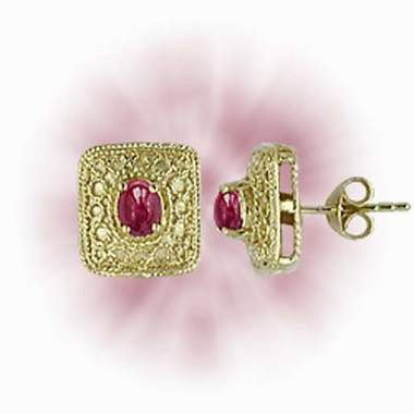 Genuine 1 CT Cabochon Ruby Earrings: Master jewelers designed your earrings with 2 pieces of GENUINE 6X4mm faceted oval cabochon rubies. 4 grams of sterling silver layered with 18K Gold. The motif width is 3/4 inches or 18mm. The motif h