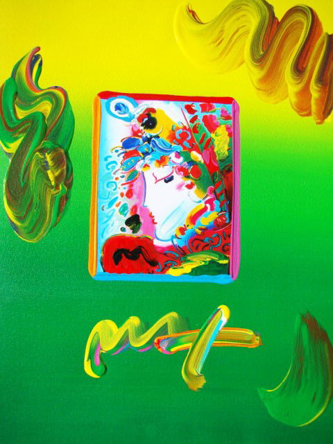 "Blushing Beauty" by Peter Max Hand Signed: This is a Peter Max hand signed mixed media titled "Blushing Beauty". This piece is hand overpainted by Peter Max with a variation color combination of brushstrokes of his original artwork and hand si