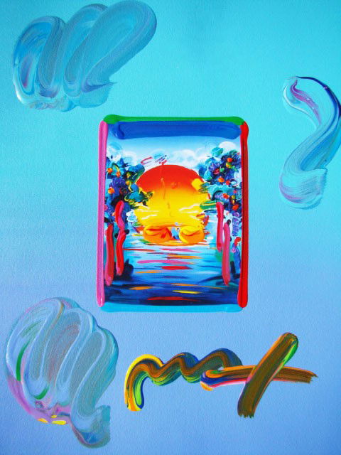 " A better world " by Peter Max Hand Signed: This is a Peter Max hand signed mixed media titled "BETTER WORLD". This piece is hand overpainted by Peter Max with a variation color combination of brushstrokes of his original artwork and hand signe