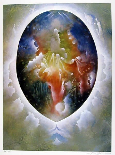 Isaac Abrams Litograph "The Cosmic Egg": Artist: Isaac Abrams Title: The Cosmic Egg Year: 1979 Medium: Lithograph, signed and numbered in pencil Edition: 250 Size: 23 x 17 inches