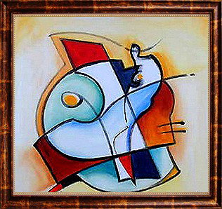 Unique Abstract Oil Painting, Abstract Fish: With strong lines and cubist influence, this abstract influenced oil painting will create a colorful and vivid space. With the fusion of colors and bold textures capturing the viewer’s eye around th