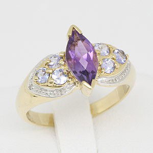 Genuine Amethyst, Tanzanite & Diamond Ring $4,125: Amethyst & Tanazanite, Total 1.34 ct. (Amethyst, Prong setting, Marquise 10x5 = 1) (Tanzanite, Pave setting, Round 2.5 mm = 6) Diamond 0.01 ct. (Pave setting, Round s/c 0.005 ct = 2) H-I diamond color