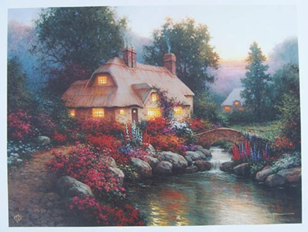 Sergon JACQUELINE'S COTTAGE Serigraph on Canvas: This is a Sergon hand signed giclee titled "JACQUELINE'S COTTAGE". If you are a Thomas Kinkade fan, you will love Sergon. This is a gorgeous piece with brilliant colors! Medium: Giclee on canvas with