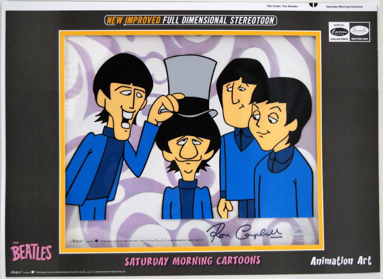 THE BEATLES "Ringo's Top Hat" Signed by Ron Campbe: Based on the Saturday Morning cartoon series The Beatles. Signed by director of series Ron Campbell. Includes Certificate of Authenticity, and has the official DenniLu Company Stamp. Size: 16 1/2" x 1