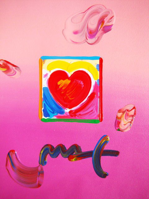 Peter Max "Heart" Original Mixed Media: This is a framed Peter Max hand signed mixed media titled "Heart". This piece is stamped on the back with a 2009 Peter Max copyright with a serial number of the piece. Measures 11.25" x 8.5". Comes wi
