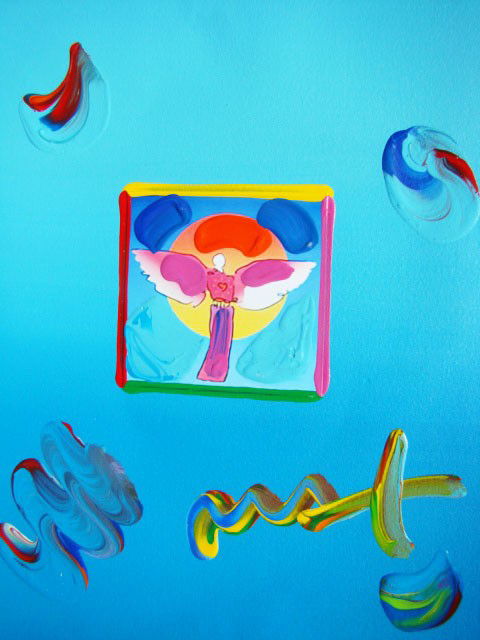 Peter Max "Angel with Sun" Original Mixed Media: This is a framed Peter Max hand signed mixed media titled "Angel with Sun". This piece is stamped on the back with a 2009 Peter Max copyright with a serial number of the piece. Measures 11.25" x 8.5".