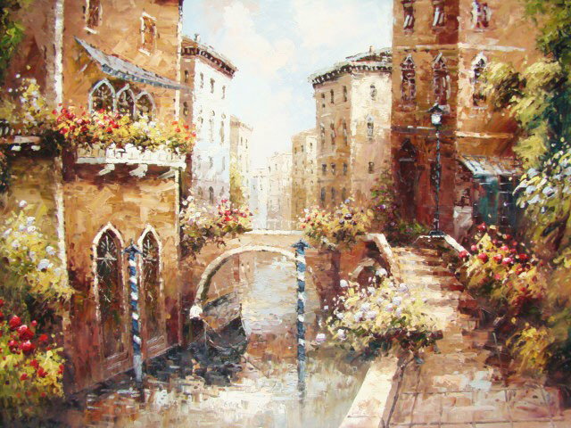 100% Hand-Painted Oil Painting "Venice Romance": This piece sweeps you away to a far away land of romance. Painted with warm color transitions that fuse together to create a peaceful and reminiscent scene, this painting takes you away to quiet cafe 