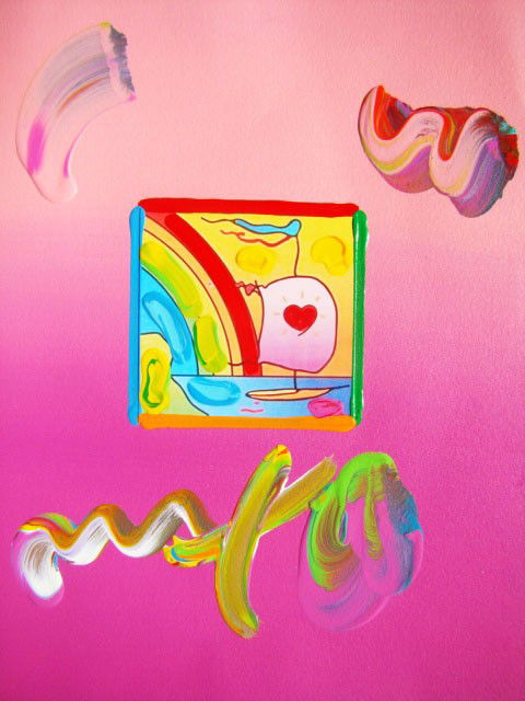Peter Max "Sailboat with Heart" Original Mixed Medi: This is a framed Peter Max hand signed mixed media titled "Sailboat with Heart". This piece is stamped on the back with a 2009 Peter Max copyright with a serial number of the piece. Measures 11.25" x