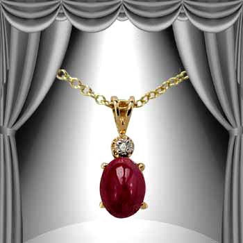 Genuine 1 1/2 CT Cabochon Ruby Diamond Pendant: Master jewelers designed your pendant with 1 piece of GENUINE 8X6mm oval GENUINE cabochon ruby. 1 piece of GENUINE single cut diamond .01 carat tw. 0.7 gram of brass layered with 18K Gold. The length