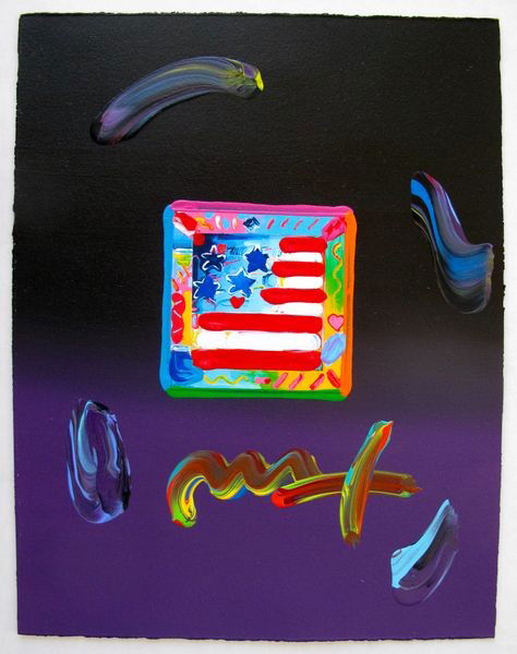 Peter Max FLAG WITH HEARTS Hand Signed Original: This is a Peter Max hand signed mixed media titled "FLAG WITH HEARTS". This piece is hand overpainted by Peter Max with a variation color combination of brushstrokes of his original artwork and hand s