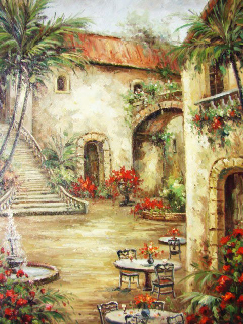 Impressionist Painting "Courtyard of Dreams": Let yourself get swept away to a far away land of beauty and passion. Painted with warm soft colors that fuse together to create a peaceful and dreamlike scene, this piece whisks you away to springtim