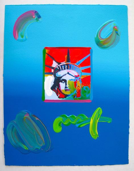 Peter Max LIBERTY HEAD Hand Signed Original Mixed: This is a Peter Max hand signed mixed media titled "LIBERTY HEAD". This piece is hand overpainted by Peter Max with a variation color combination of brushstrokes of his original artwork and hand signe