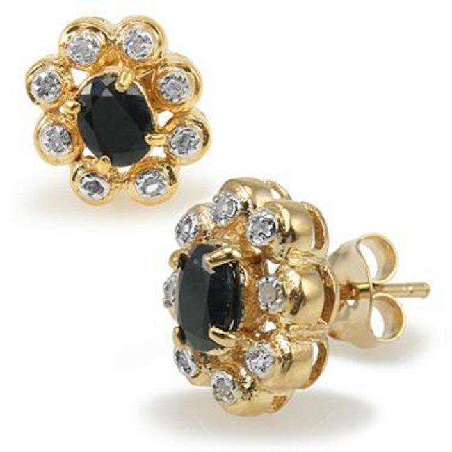 1.42 Ct Sapphire & Diamond 18KGP Designer Earrings: 2 pieces of GENUINE 8X6 mm Pears Black Sapphires quality AAA no treatment. 10 pieces of GENUINE single cut diamonds 0.08 carat Tw,I2-I3 no treatment. 1.85 grams of brass layered with 18K yellow gold.