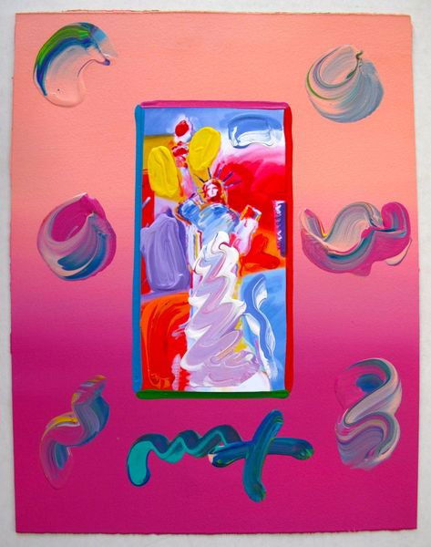 Peter Max STANDING LIBERTY Original Mixed Media: This is a Peter Max hand signed mixed media titled "LIBERTY HEAD". This piece is hand overpainted by Peter Max with a variation color combination of brushstrokes of his original artwork and hand signe