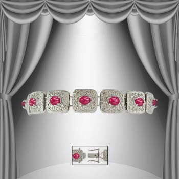 7 CT Cabochon Ruby Silver Antiqued Silver Bracelet: Master jewelers handcrafted this museum bracelet with 14 pieces of 6mm x 4mm oval genuine cabochon rubies. The stones are set in 21 grams of sterling silver layered with rhodium and antiqued. The leng