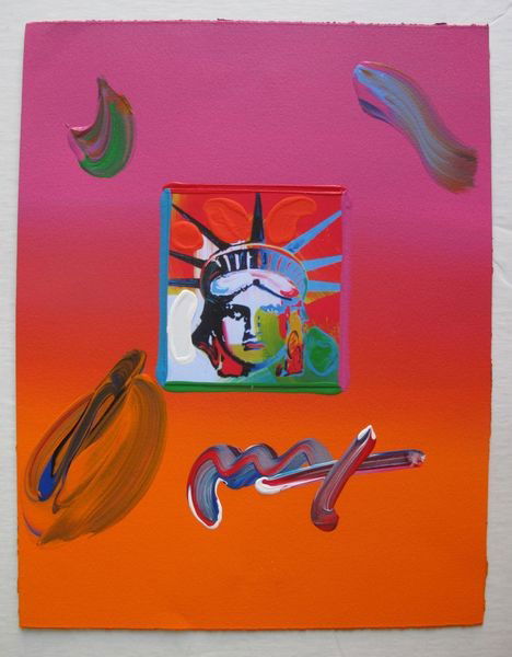 Peter Max LIBERTY HEAD Original Mixed Media: This is a Peter Max hand signed mixed media titled "LIBERTY HEAD". This piece is hand overpainted by Peter Max with a variation color combination of brushstrokes of his original artwork and hand signe